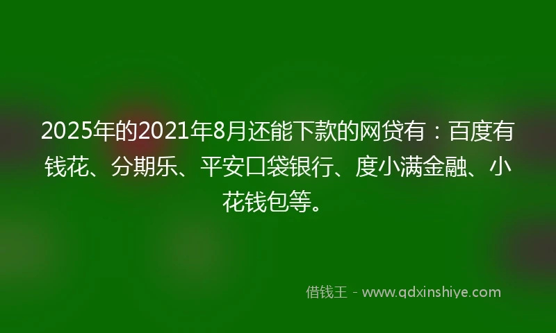 2025年的2021年8月还能下款的网贷有：百度有钱花、分期乐、平安口袋银行、度小满金融、小花钱包等。