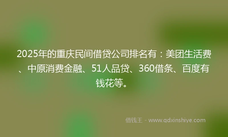 2025年的重庆民间借贷公司排名有：美团生活费、中原消费金融、51人品贷、360借条、百度有钱花等。