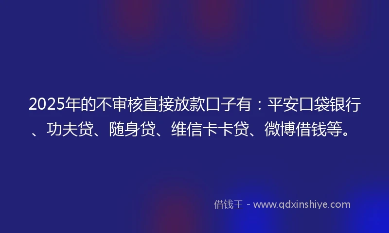 2025年的不审核直接放款口子有：平安口袋银行、功夫贷、随身贷、维信卡卡贷、微博借钱等。