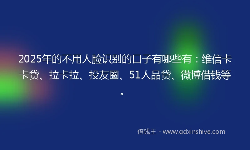 2025年的不用人脸识别的口子有哪些有：维信卡卡贷、拉卡拉、投友圈、51人品贷、微博借钱等。