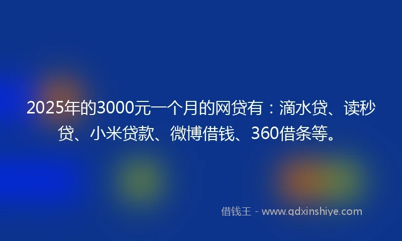 2025年的3000元一个月的网贷有：滴水贷、读秒贷、小米贷款、微博借钱、360借条等。