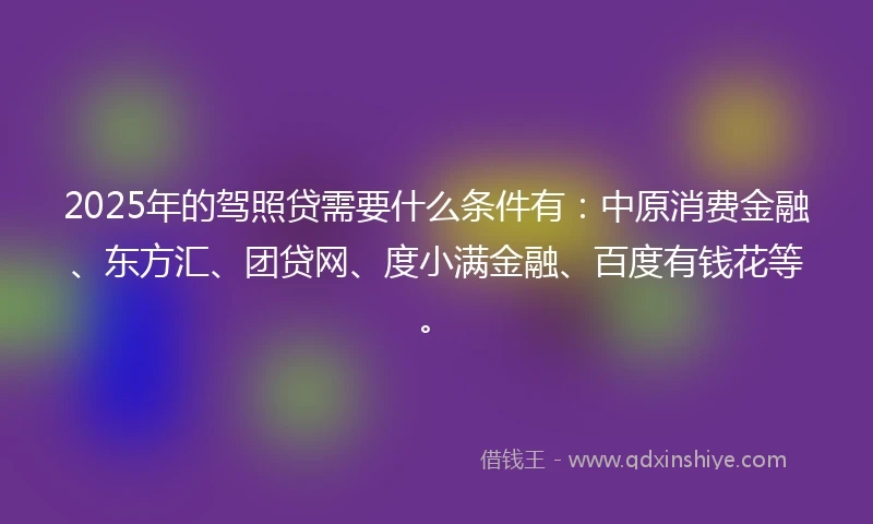 2025年的驾照贷需要什么条件有：中原消费金融、东方汇、团贷网、度小满金融、百度有钱花等。