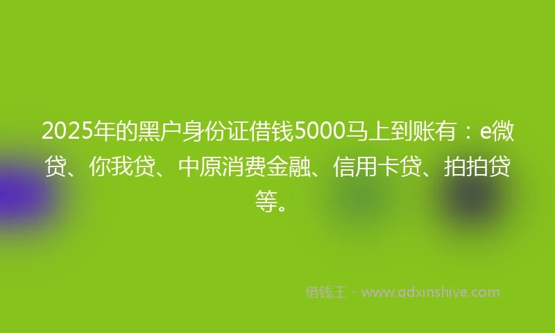 2025年的黑户身份证借钱5000马上到账有：e微贷、你我贷、中原消费金融、信用卡贷、拍拍贷等。