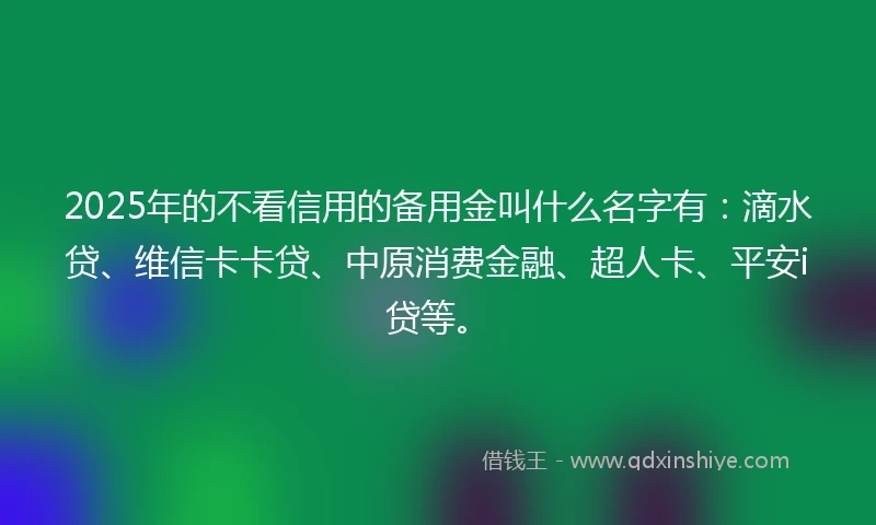 2025年的不看信用的备用金叫什么名字有：滴水贷、维信卡卡贷、中原消费金融、超人卡、平安i贷等。