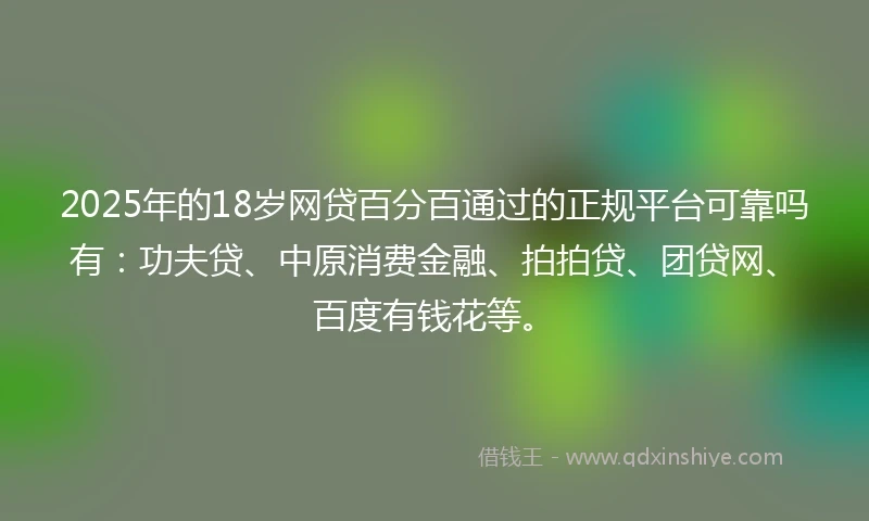 2025年的18岁网贷百分百通过的正规平台可靠吗有：功夫贷、中原消费金融、拍拍贷、团贷网、百度有钱花等。