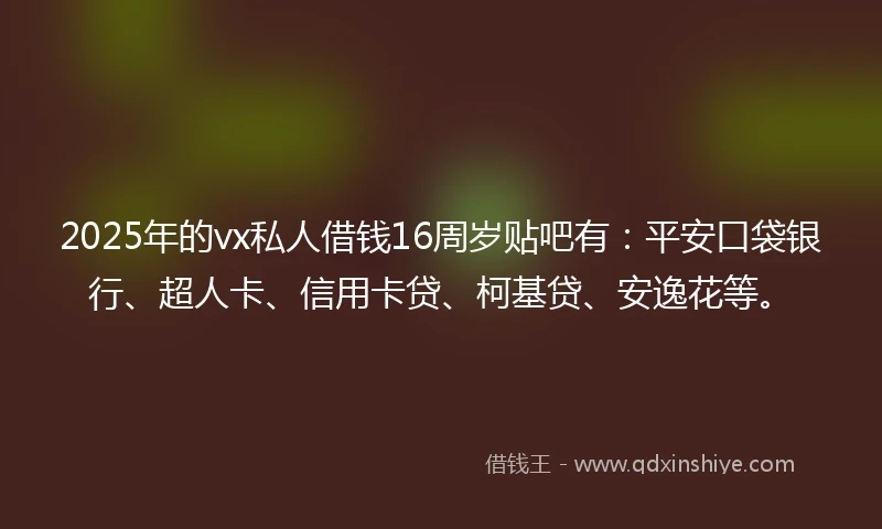 2025年的vx私人借钱16周岁贴吧有：平安口袋银行、超人卡、信用卡贷、柯基贷、安逸花等。