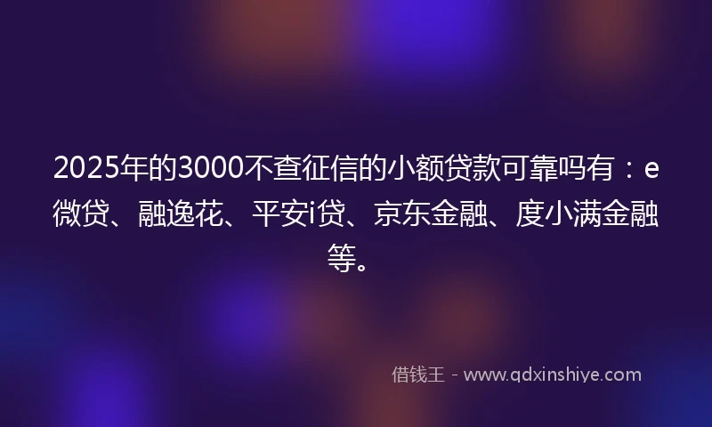 2025年的3000不查征信的小额贷款可靠吗有：e微贷、融逸花、平安i贷、京东金融、度小满金融等。