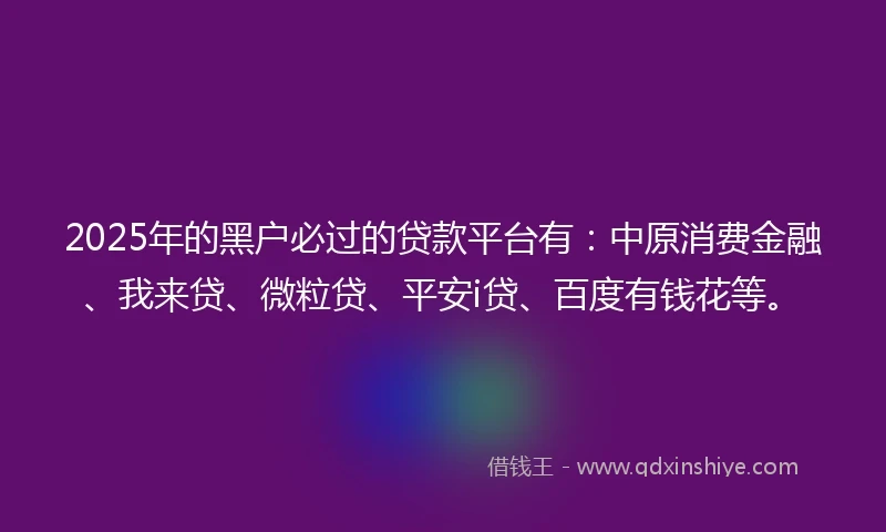2025年的黑户必过的贷款平台有：中原消费金融、我来贷、微粒贷、平安i贷、百度有钱花等。