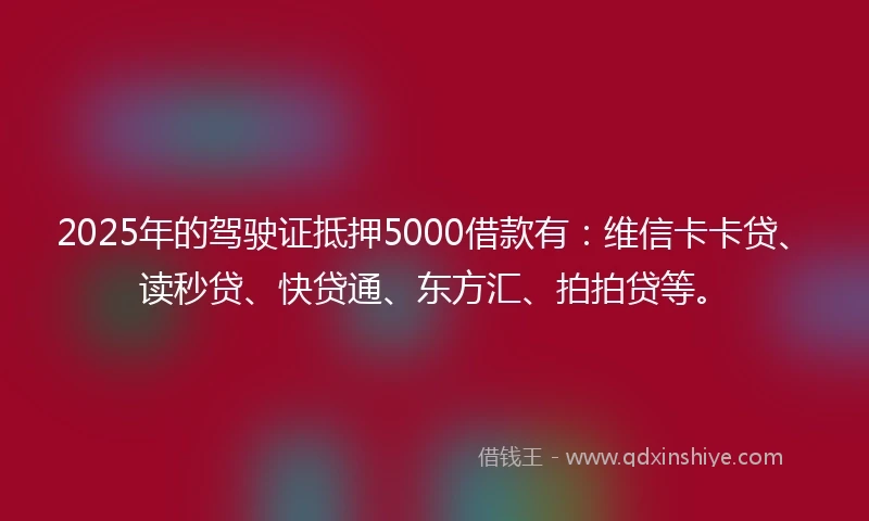 2025年的驾驶证抵押5000借款有：维信卡卡贷、读秒贷、快贷通、东方汇、拍拍贷等。
