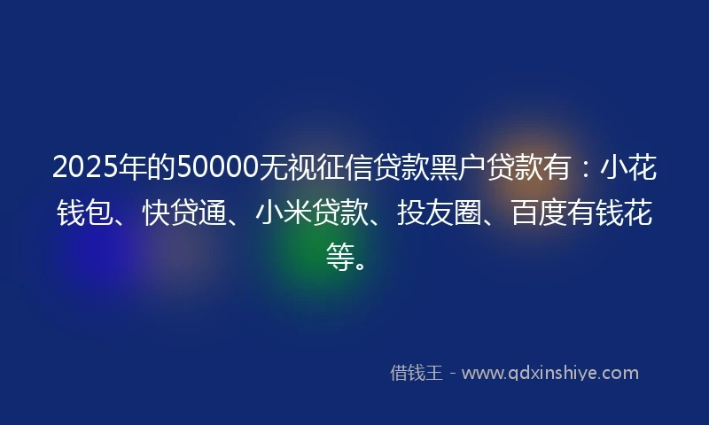 2025年的50000无视征信贷款黑户贷款有：小花钱包、快贷通、小米贷款、投友圈、百度有钱花等。