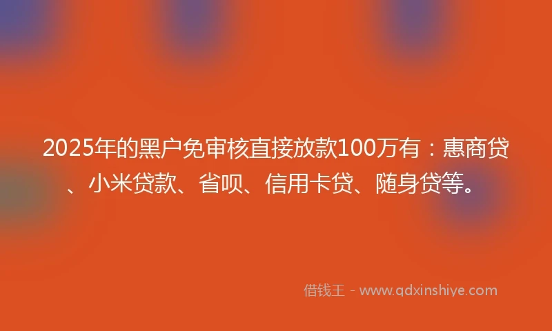 2025年的黑户免审核直接放款100万有：惠商贷、小米贷款、省呗、信用卡贷、随身贷等。