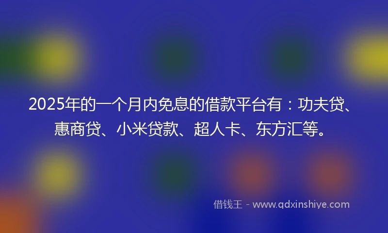 2025年的一个月内免息的借款平台有：功夫贷、惠商贷、小米贷款、超人卡、东方汇等。