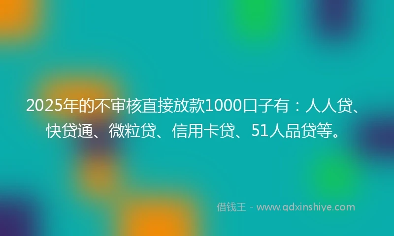2025年的不审核直接放款1000口子有：人人贷、快贷通、微粒贷、信用卡贷、51人品贷等。