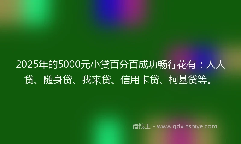 2025年的5000元小贷百分百成功畅行花有：人人贷、随身贷、我来贷、信用卡贷、柯基贷等。