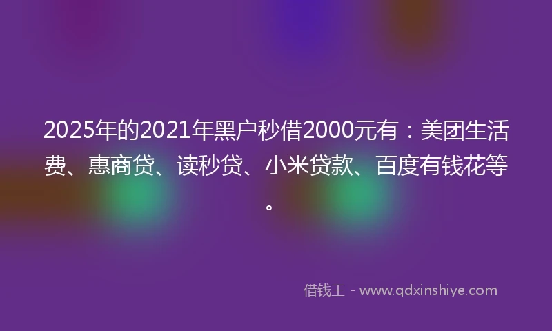 2025年的2021年黑户秒借2000元有：美团生活费、惠商贷、读秒贷、小米贷款、百度有钱花等。