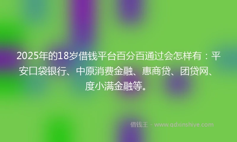2025年的18岁借钱平台百分百通过会怎样有：平安口袋银行、中原消费金融、惠商贷、团贷网、度小满金融等。