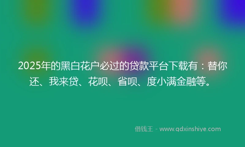 2025年的黑白花户必过的贷款平台下载有：替你还、我来贷、花呗、省呗、度小满金融等。