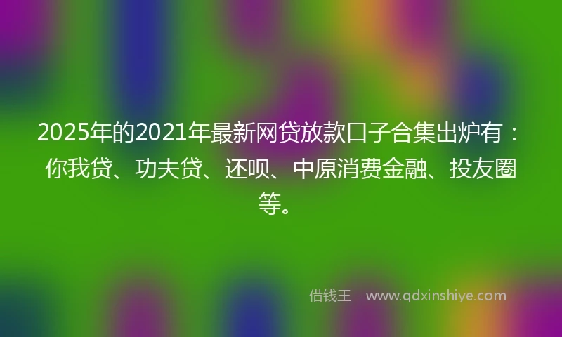 2025年的2021年最新网贷放款口子合集出炉有：你我贷、功夫贷、还呗、中原消费金融、投友圈等。