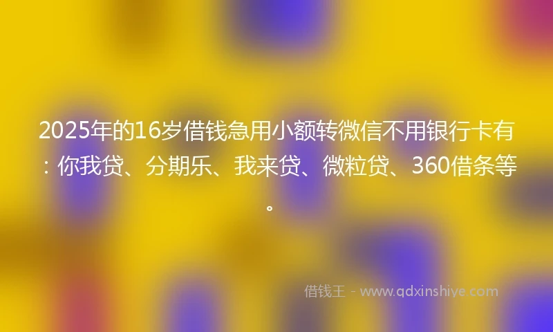 2025年的16岁借钱急用小额转微信不用银行卡有：你我贷、分期乐、我来贷、微粒贷、360借条等。