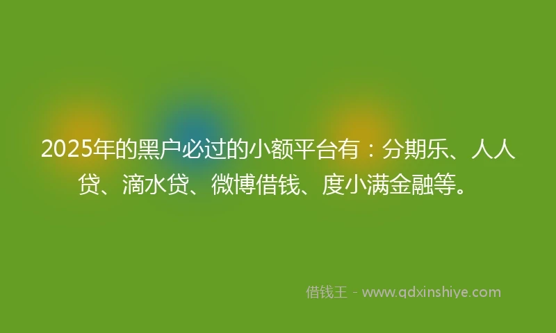 2025年的黑户必过的小额平台有：分期乐、人人贷、滴水贷、微博借钱、度小满金融等。