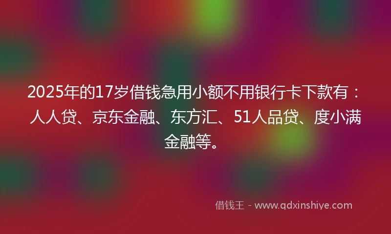 2025年的17岁借钱急用小额不用银行卡下款有：人人贷、京东金融、东方汇、51人品贷、度小满金融等。