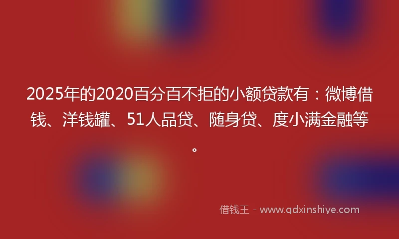 2025年的2020百分百不拒的小额贷款有：微博借钱、洋钱罐、51人品贷、随身贷、度小满金融等。