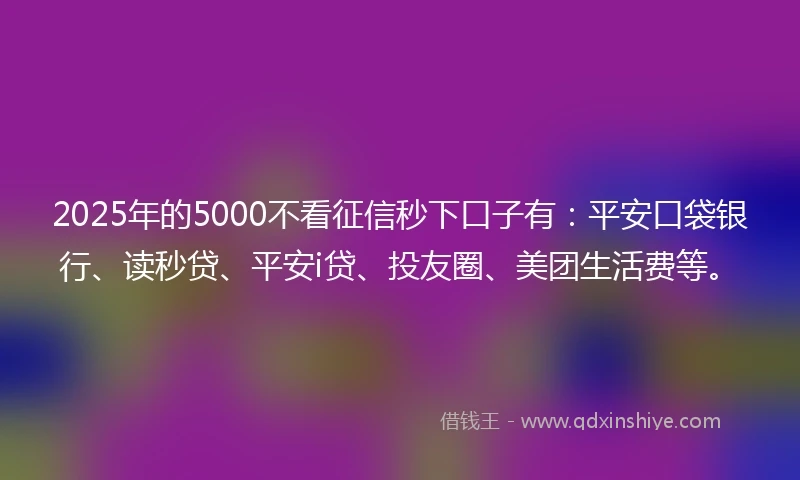 2025年的5000不看征信秒下口子有：平安口袋银行、读秒贷、平安i贷、投友圈、美团生活费等。