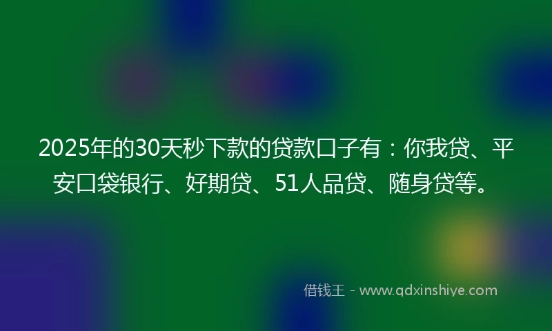 2025年的30天秒下款的贷款口子有：你我贷、平安口袋银行、好期贷、51人品贷、随身贷等。