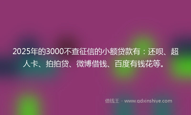 2025年的3000不查征信的小额贷款有：还呗、超人卡、拍拍贷、微博借钱、百度有钱花等。
