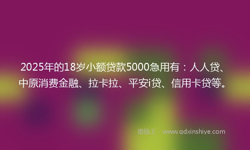 2025年的18岁小额贷款5000急用有：人人贷、中原消费金融、拉卡拉、平安i贷、信用卡贷等。