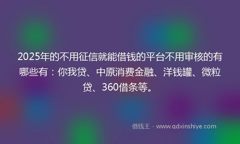 2025年的不用征信就能借钱的平台不用审核的有哪些有：你我贷、中原消费金融、洋钱罐、微粒贷、360借条等。