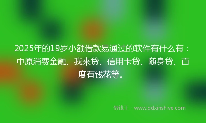 2025年的19岁小额借款易通过的软件有什么有：中原消费金融、我来贷、信用卡贷、随身贷、百度有钱花等。