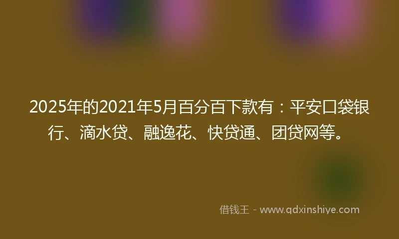2025年的2021年5月百分百下款有：平安口袋银行、滴水贷、融逸花、快贷通、团贷网等。