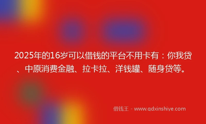 2025年的16岁可以借钱的平台不用卡有：你我贷、中原消费金融、拉卡拉、洋钱罐、随身贷等。