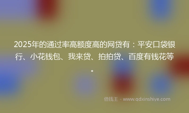 2025年的通过率高额度高的网贷有：平安口袋银行、小花钱包、我来贷、拍拍贷、百度有钱花等。