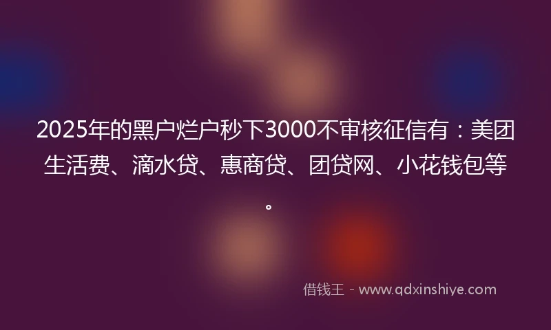 2025年的黑户烂户秒下3000不审核征信有：美团生活费、滴水贷、惠商贷、团贷网、小花钱包等。