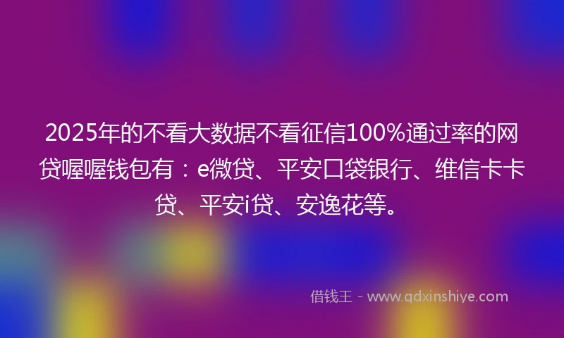 2025年的不看大数据不看征信100%通过率的网贷喔喔钱包有：e微贷、平安口袋银行、维信卡卡贷、平安i贷、安逸花等。