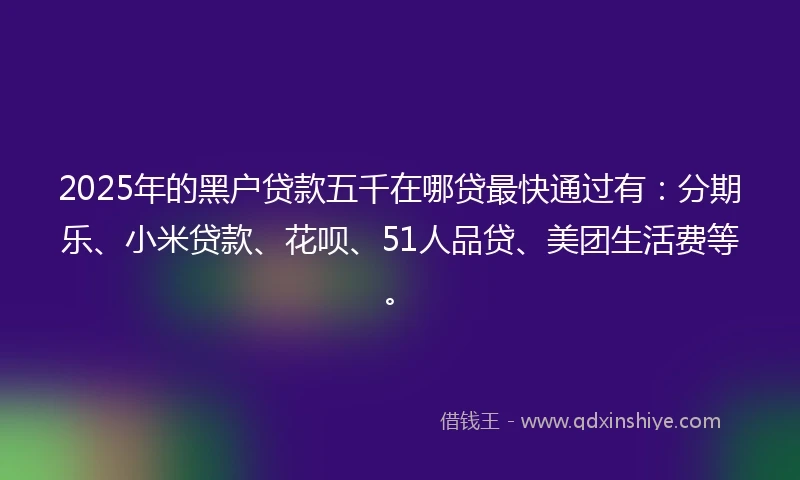 2025年的黑户贷款五千在哪贷最快通过有：分期乐、小米贷款、花呗、51人品贷、美团生活费等。