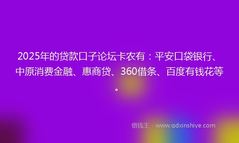 2025年的贷款口子论坛卡农有：平安口袋银行、中原消费金融、惠商贷、360借条、百度有钱花等。