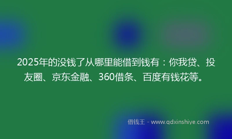 2025年的没钱了从哪里能借到钱有：你我贷、投友圈、京东金融、360借条、百度有钱花等。