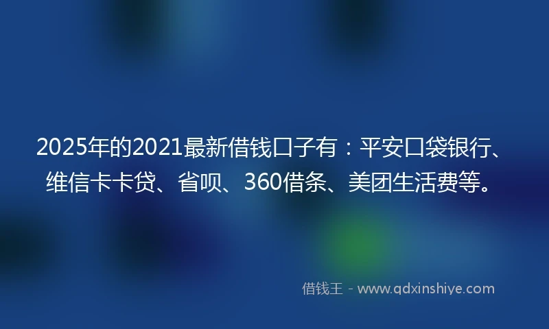 2025年的2021最新借钱口子有：平安口袋银行、维信卡卡贷、省呗、360借条、美团生活费等。