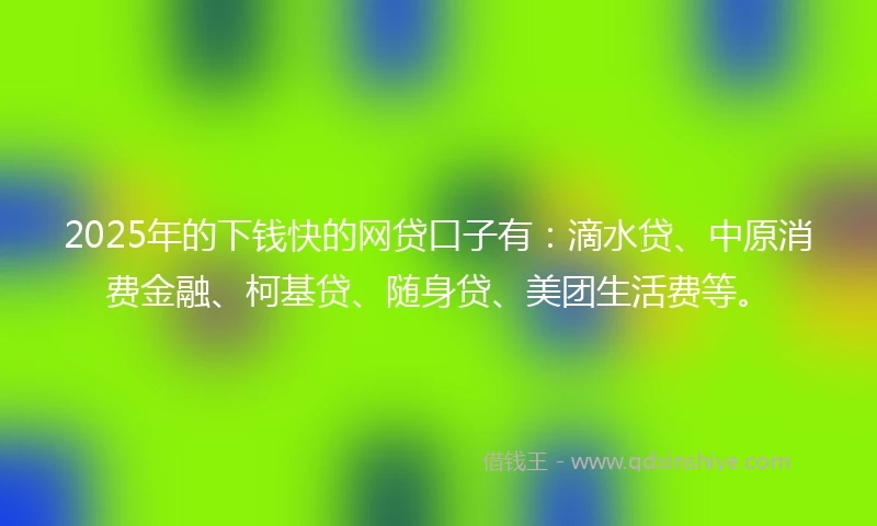 2025年的下钱快的网贷口子有：滴水贷、中原消费金融、柯基贷、随身贷、美团生活费等。