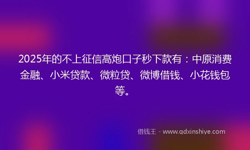 2025年的不上征信高炮口子秒下款有：中原消费金融、小米贷款、微粒贷、微博借钱、小花钱包等。