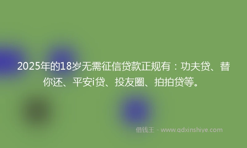 2025年的18岁无需征信贷款正规有：功夫贷、替你还、平安i贷、投友圈、拍拍贷等。