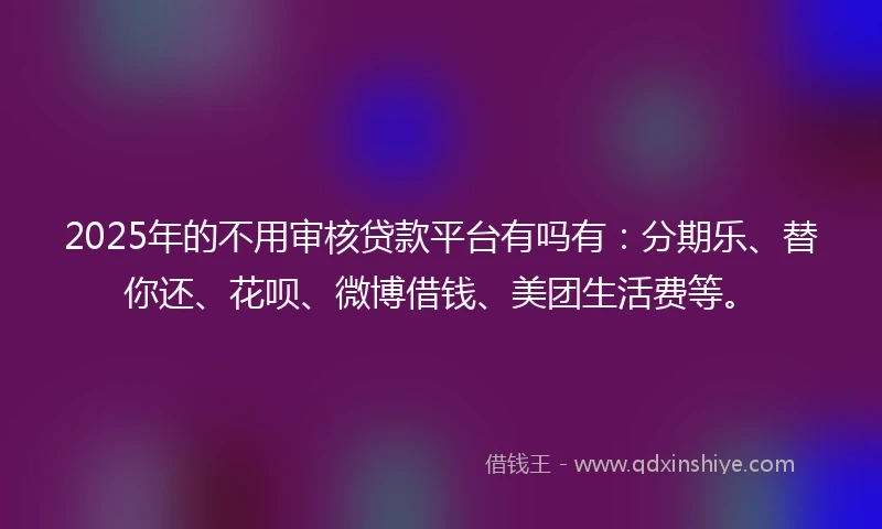 2025年的不用审核贷款平台有吗有：分期乐、替你还、花呗、微博借钱、美团生活费等。