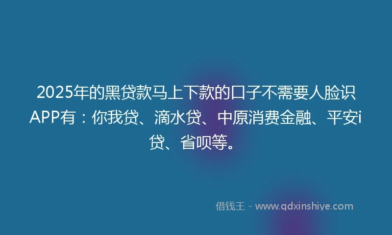 2025年的黑贷款马上下款的口子不需要人脸识APP有：你我贷、滴水贷、中原消费金融、平安i贷、省呗等。