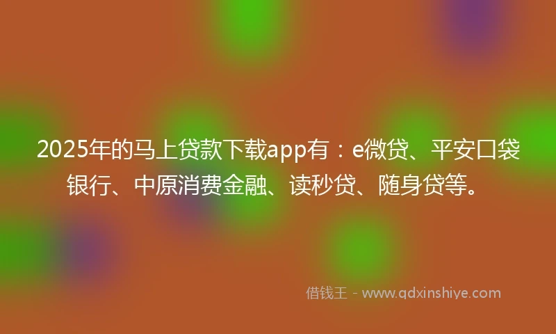 2025年的马上贷款下载app有：e微贷、平安口袋银行、中原消费金融、读秒贷、随身贷等。