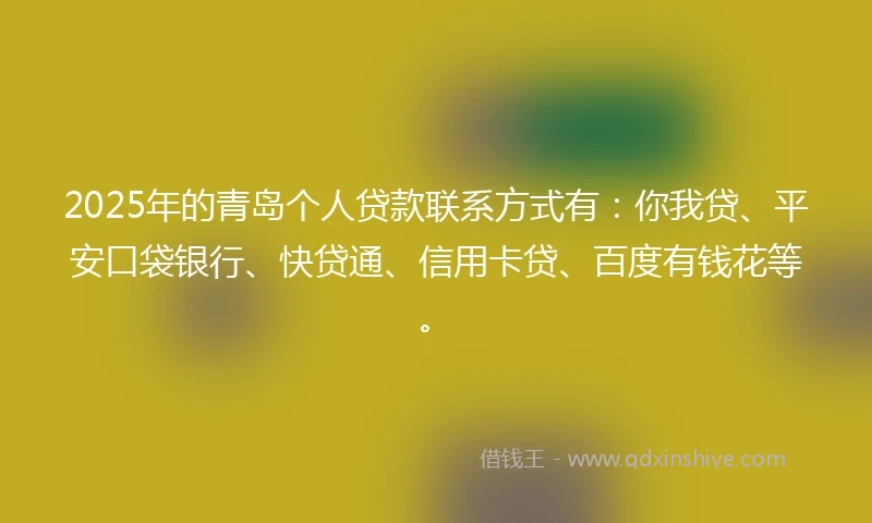 2025年的青岛个人贷款联系方式有：你我贷、平安口袋银行、快贷通、信用卡贷、百度有钱花等。