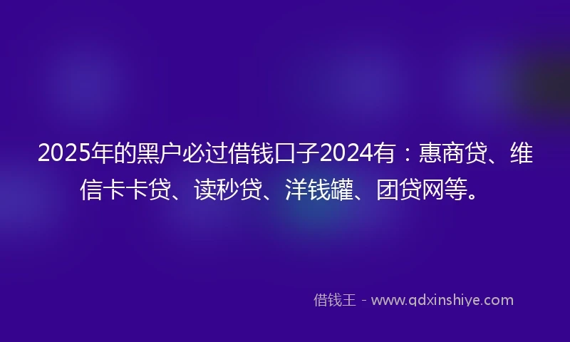2025年的黑户必过借钱口子2024有：惠商贷、维信卡卡贷、读秒贷、洋钱罐、团贷网等。