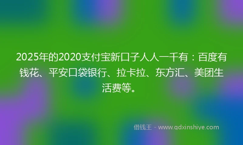2025年的2020支付宝新口子人人一千有：百度有钱花、平安口袋银行、拉卡拉、东方汇、美团生活费等。